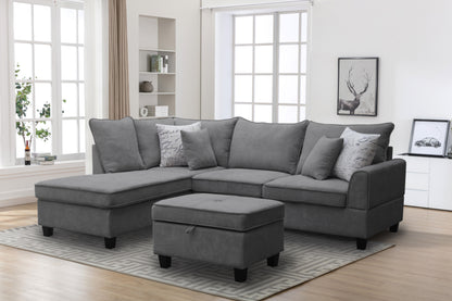 Harmony 99-inch Gray Fabric Sectional Sofa with Left-Facing Chaise, Storage Ottoman, and 4 Throw Pillows