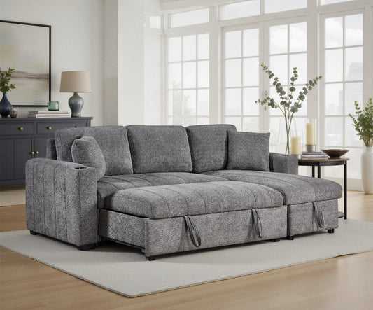 Seraphina II 96" Gray Boucle Fabric Reversible Sleeper Sectional Sofa with Storage Chaise, Cupholders, USB Charging Port, and Throw Pillows