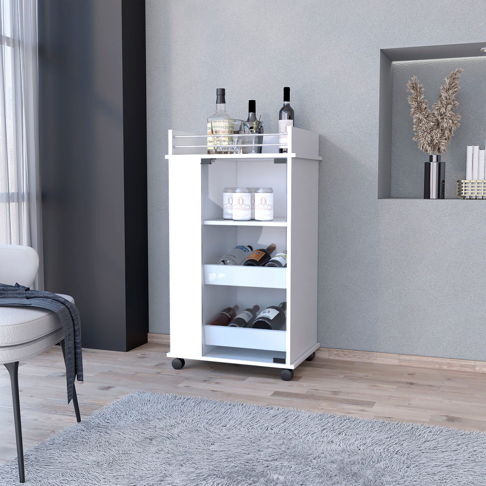 Willow Park Glass Door Bar Cart with Bottle Holder and Casters White