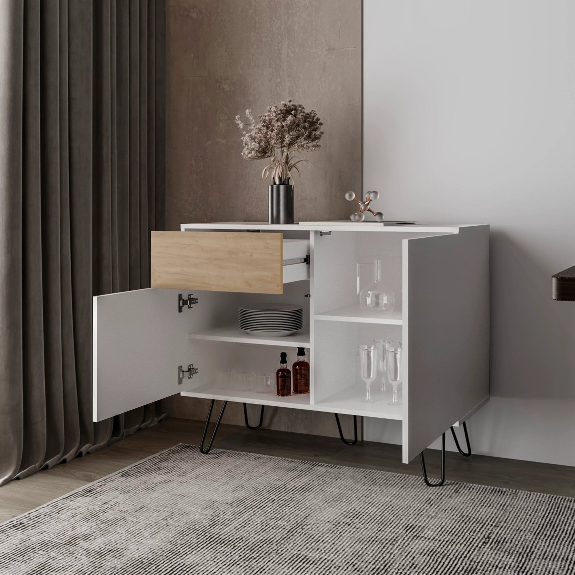 White & Natural Oak Sideboard - Storage Server Dining Room