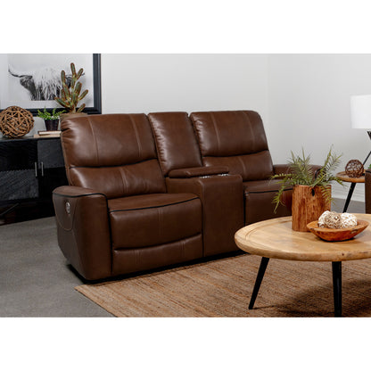 Denson Saddle Brown Upholstered Power Reclining Loveseat