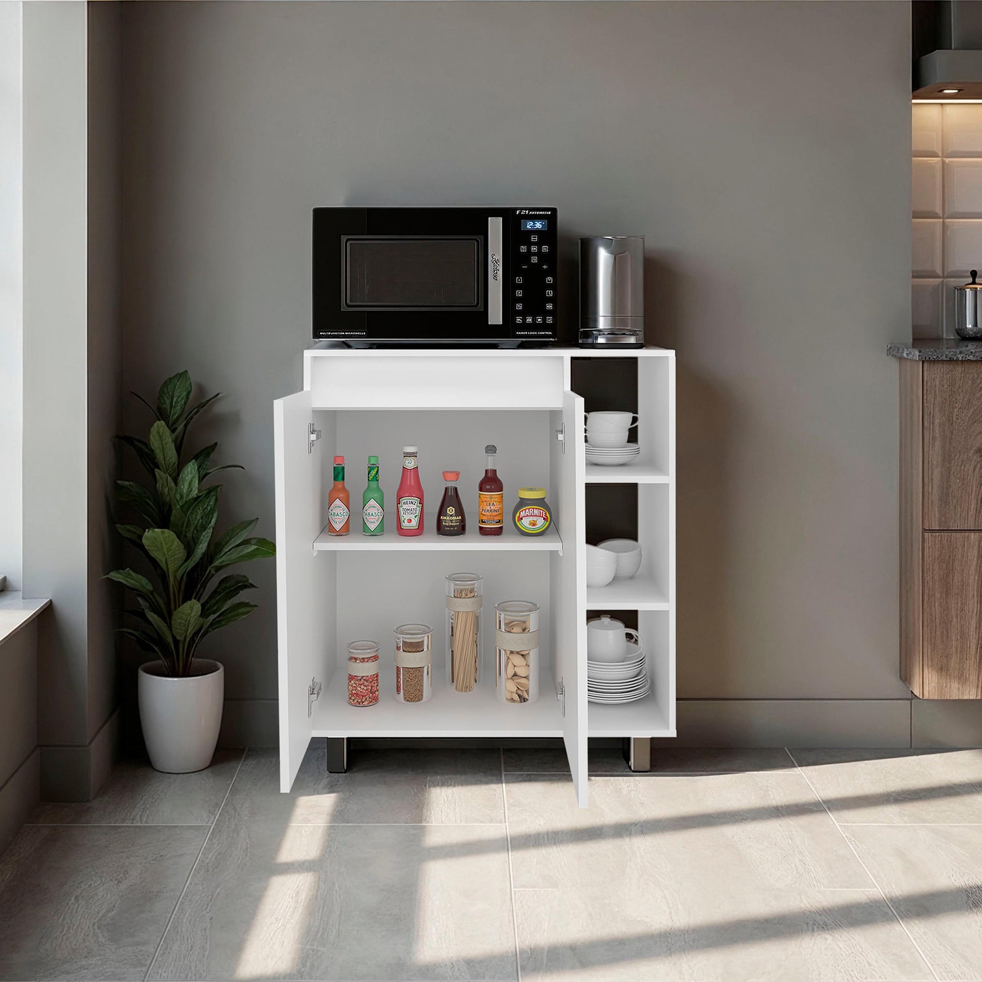 White 2-Door Kitchen Storage Cabinet - Compact Design for Dining Room