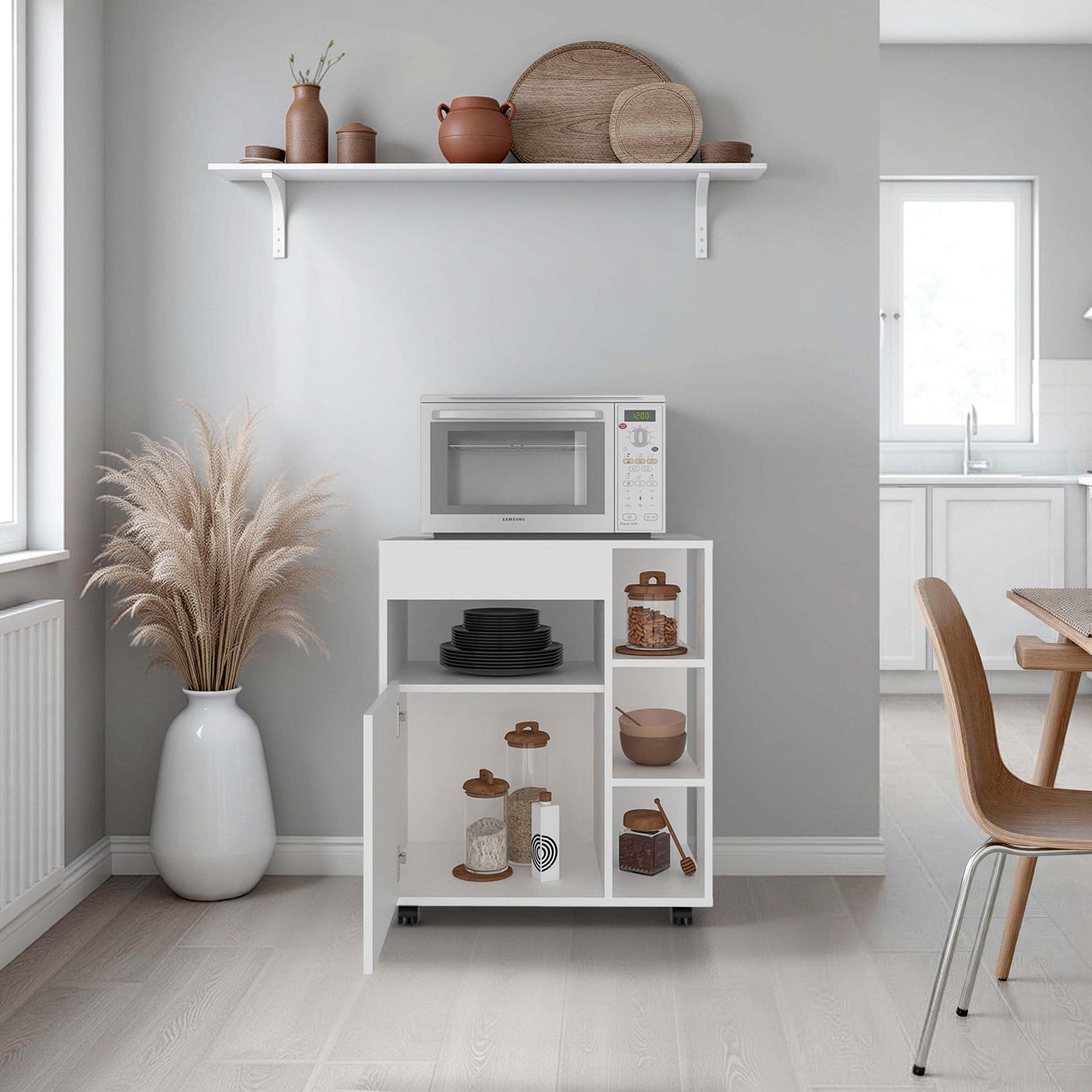 White Kitchen Server with Open Shelves for Dining Room