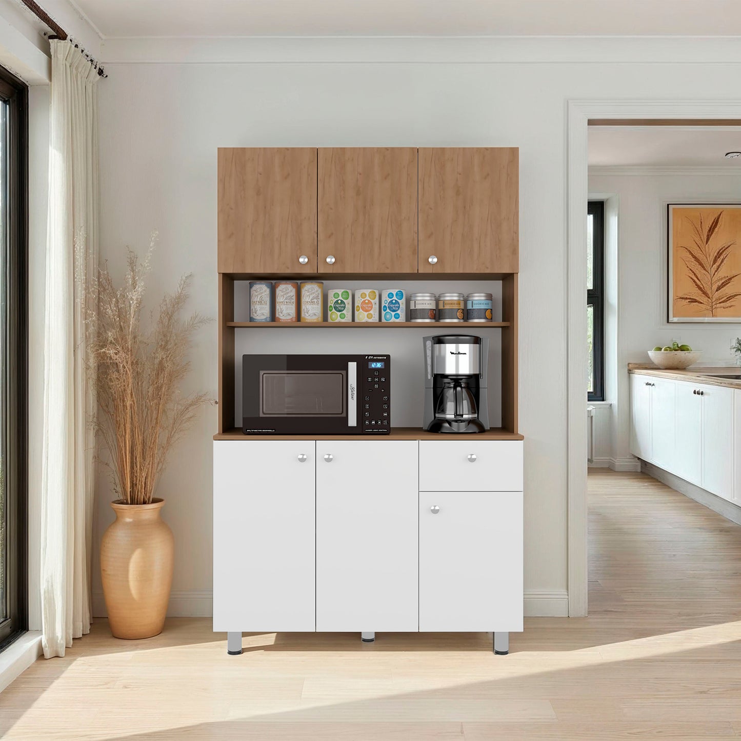 White and Natural Oak 6-door Kitchen Storage Cabinet