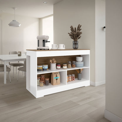 White and Natural Oak Open Storage Kitchen Island