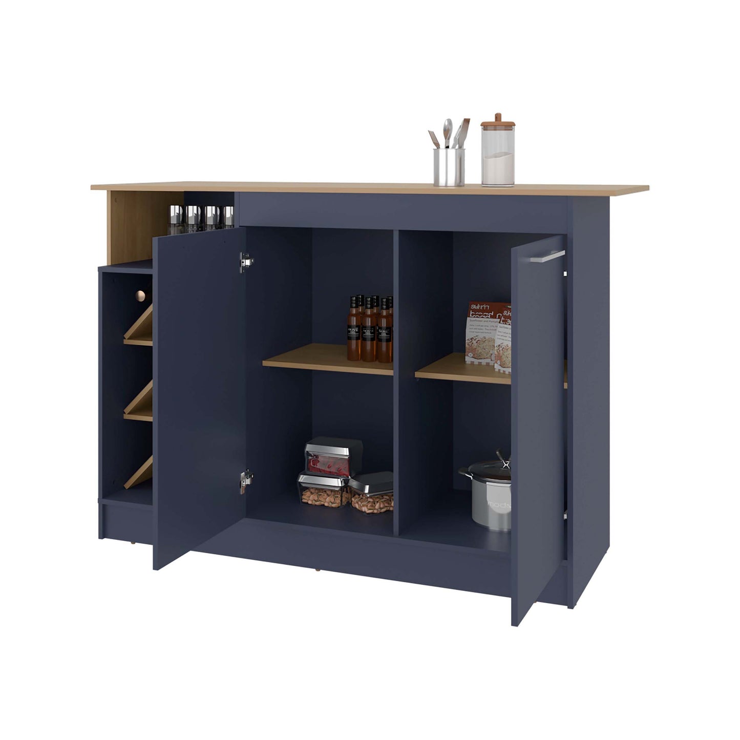 Natural Oak Kitchen Island with Bottle Rack & Shelf