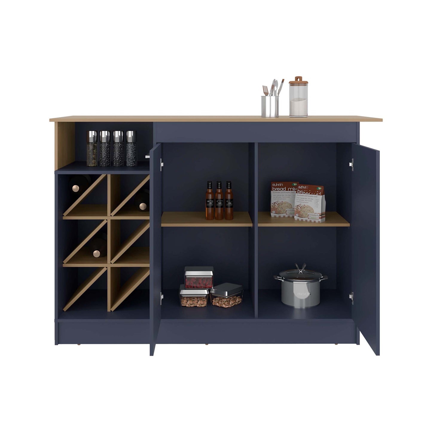 Natural Oak Kitchen Island with Bottle Rack & Shelf