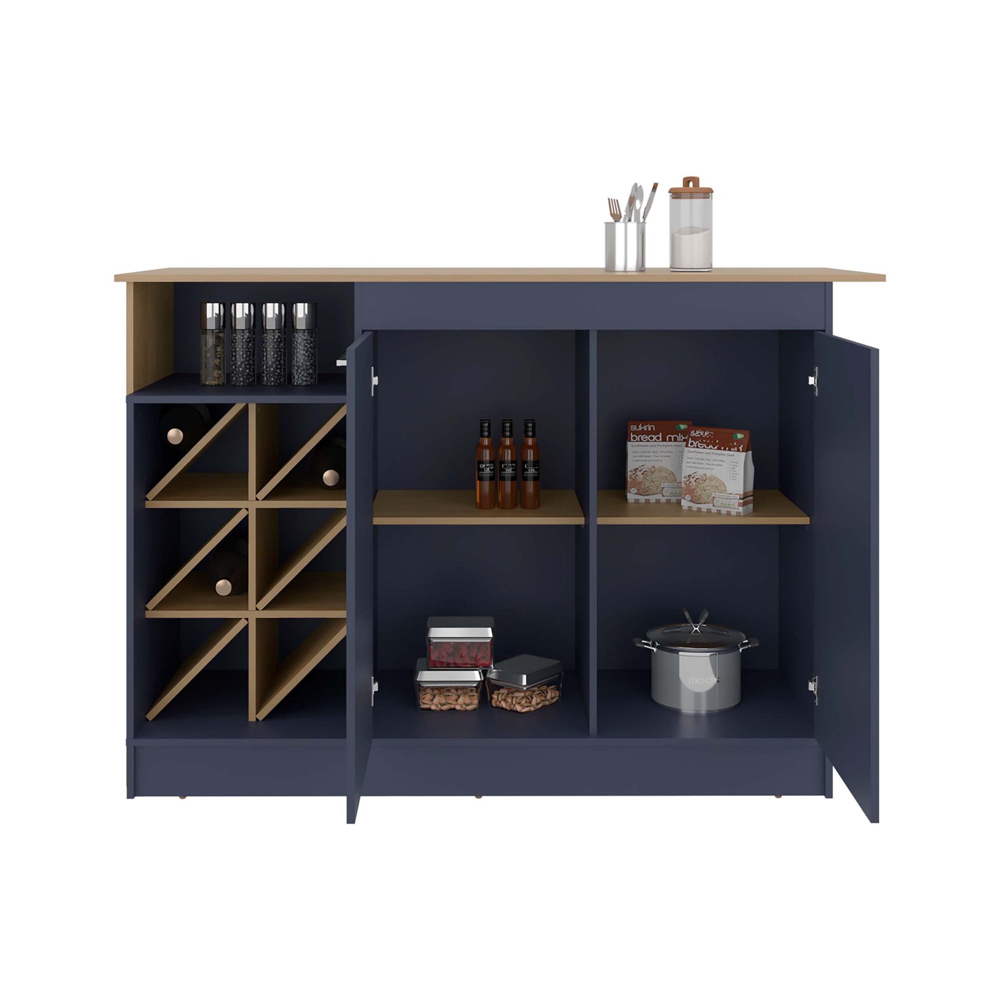 Natural Oak Kitchen Island with Bottle Rack & Shelf