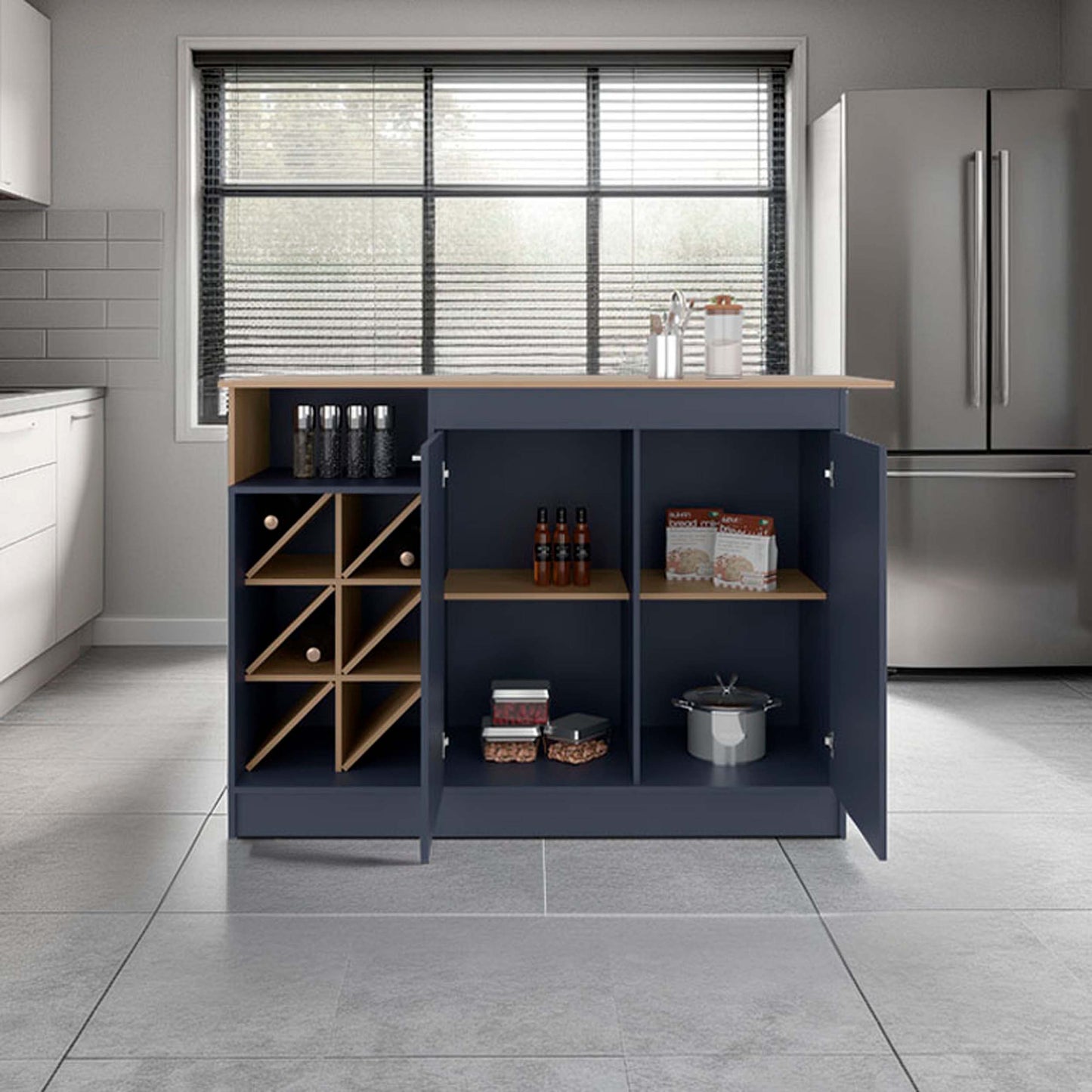 Natural Oak Kitchen Island with Bottle Rack & Shelf