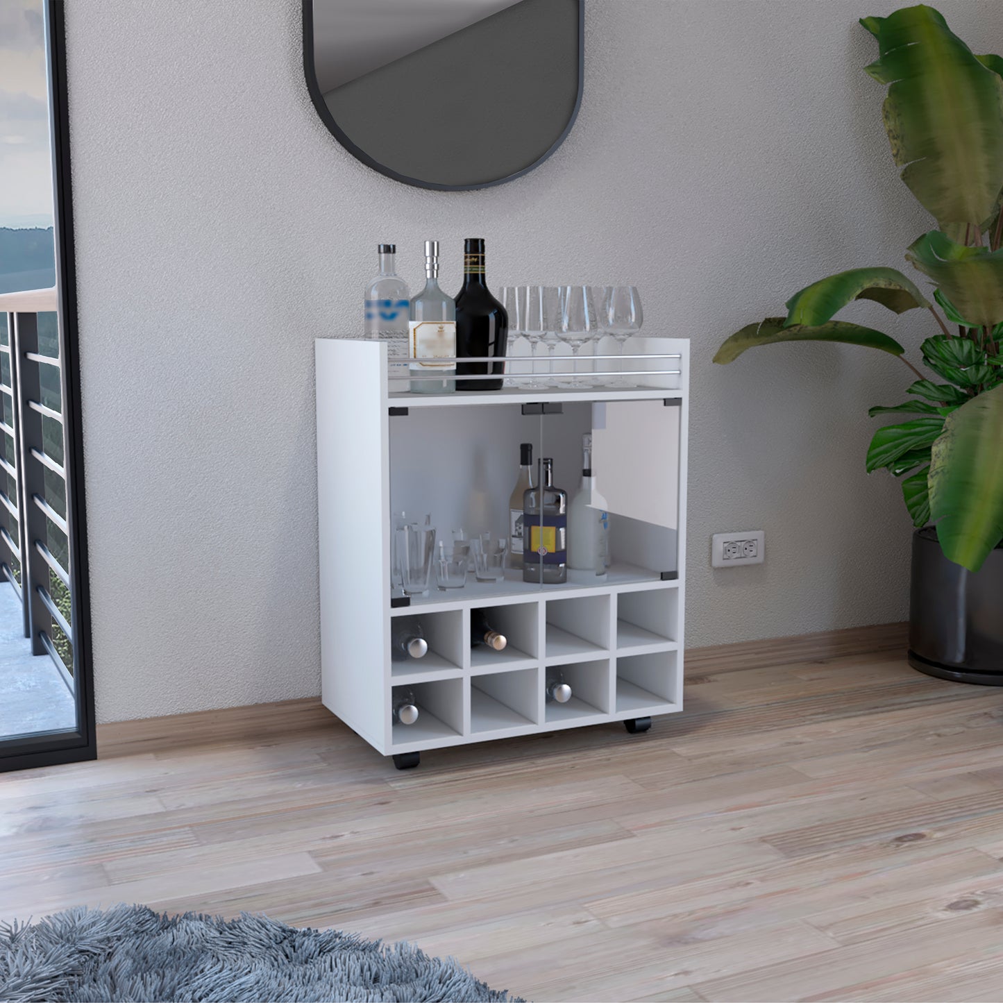 St Andrews Bar Cart with Built-In 8-Bottle Rack, Double Glass Door Cabinet, and Aluminum-Edged Top Surface