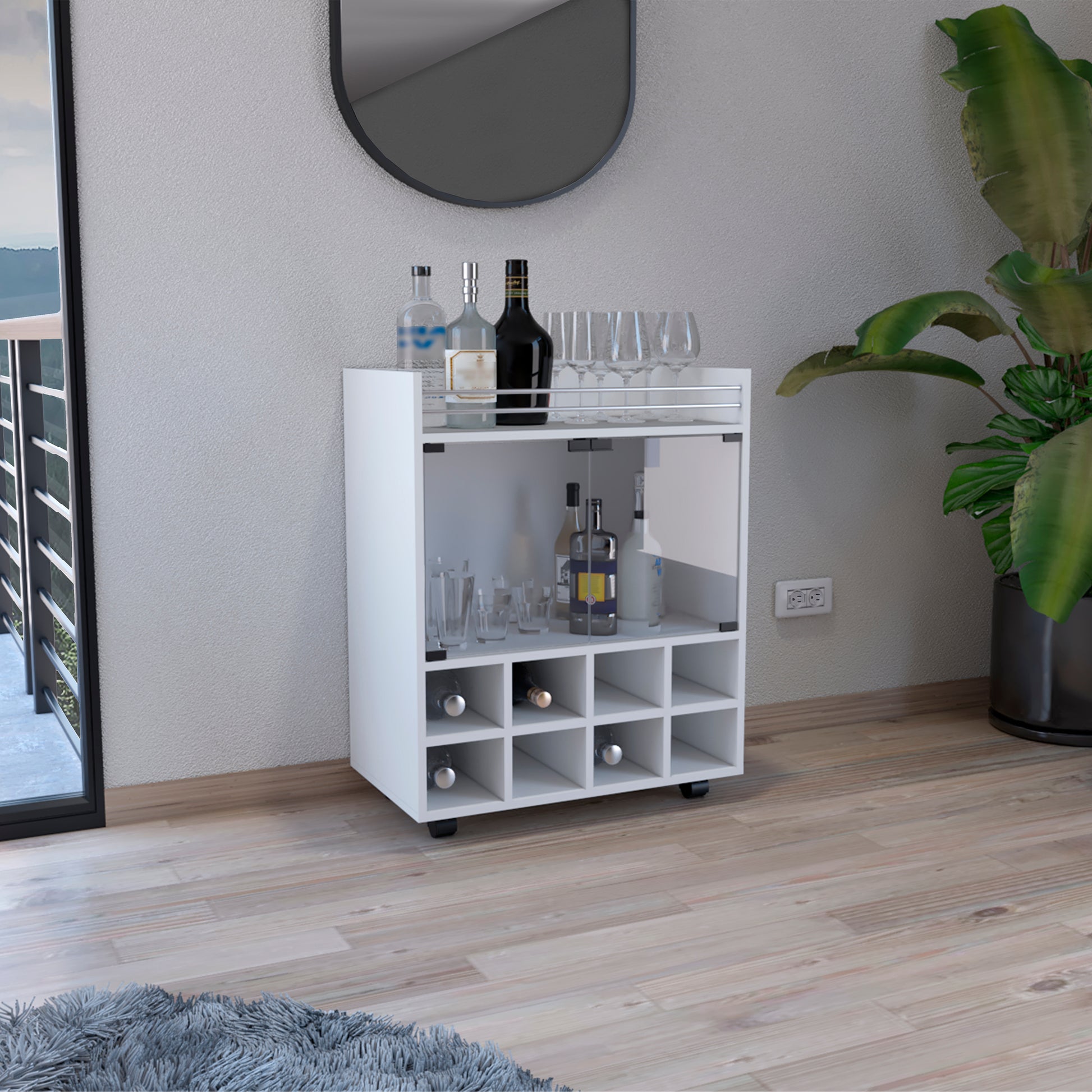 St Andrews Bar Cart with Built-In 8-Bottle Rack, Double Glass Door Cabinet, and Aluminum-Edged Top Surface
