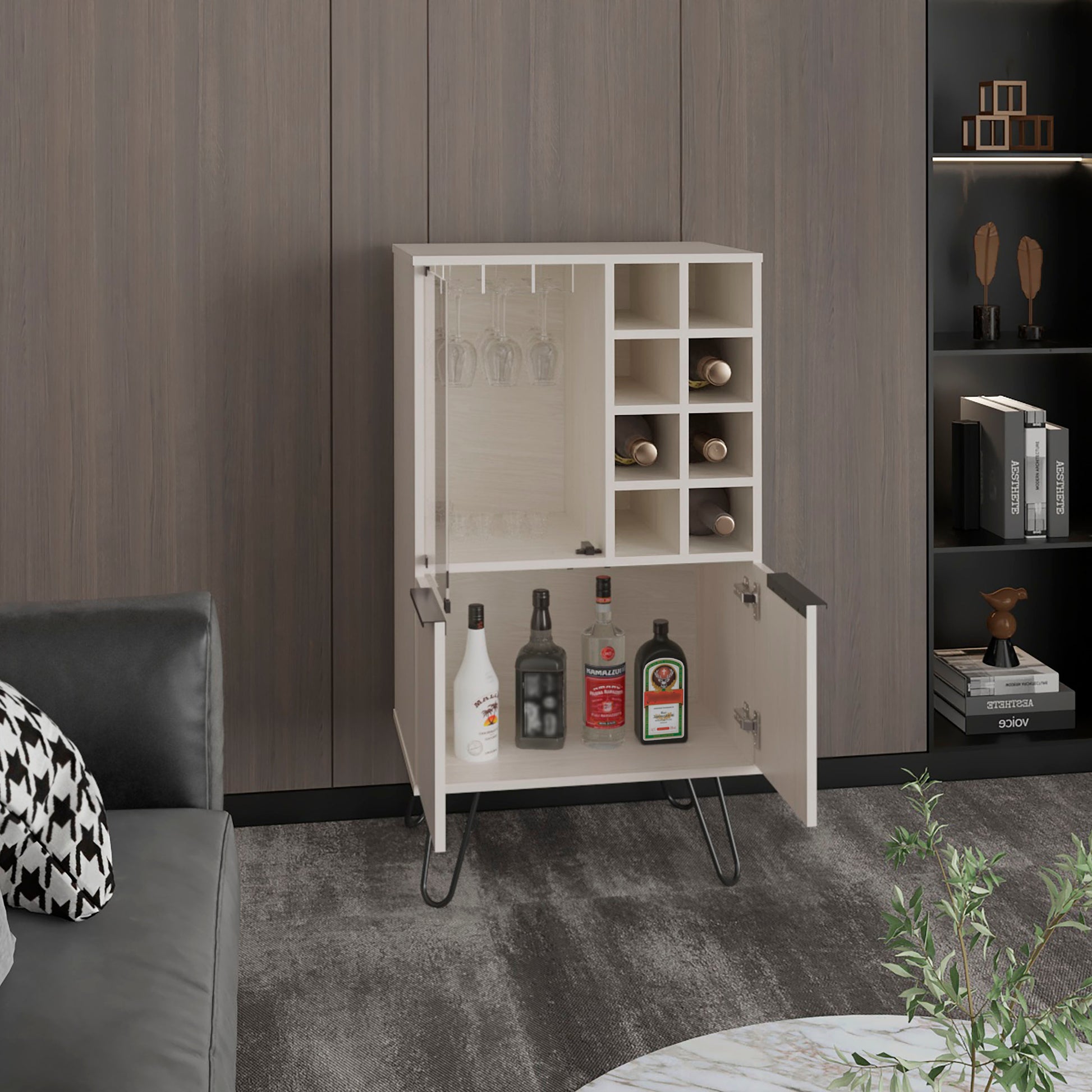 White Washed Bar Cabinet - 43 Inch Modern Liquor Storage