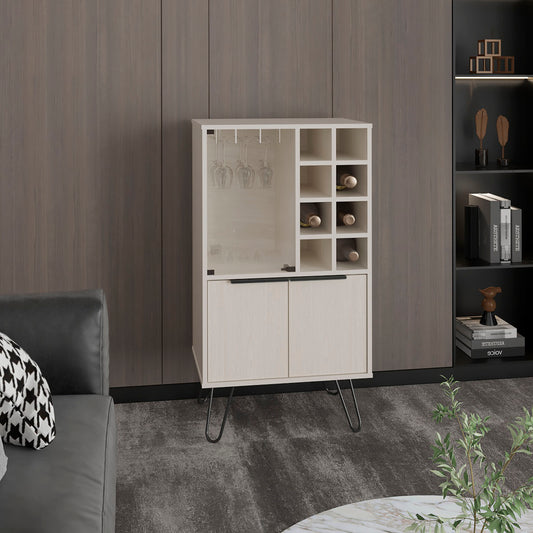 Aster 23" Wide Double Door Bar Cabinet and Glass door comparment, Eight bottle cubbies and stemware