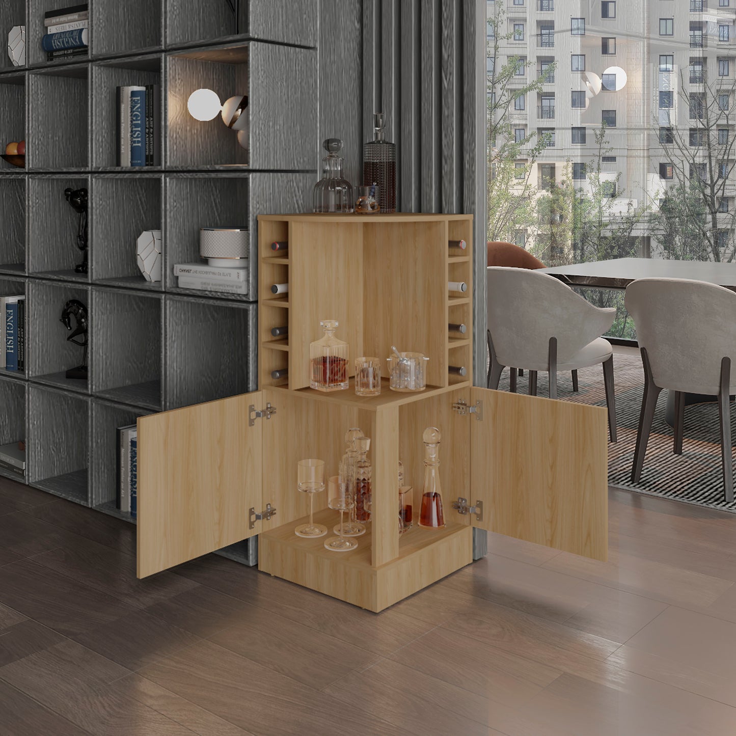 Jakes 42" Tall Corner Bar Cabinet - Oak Liquor Storage