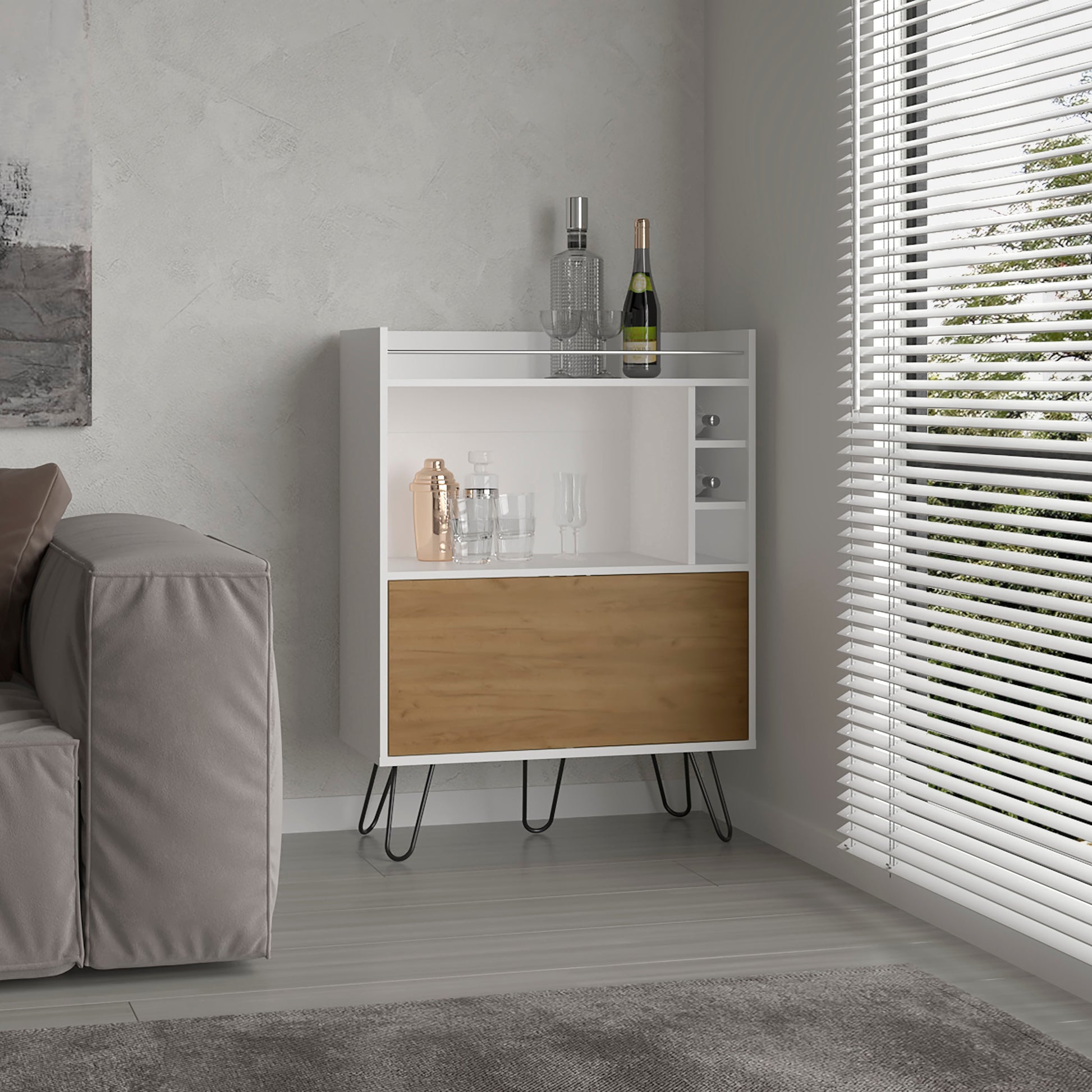 Tori 42" Tall One-Door Bar Cabinet with Three Cubbies, Three Shelves, Top Prep surface with Rail for Living room White - Natural Oak