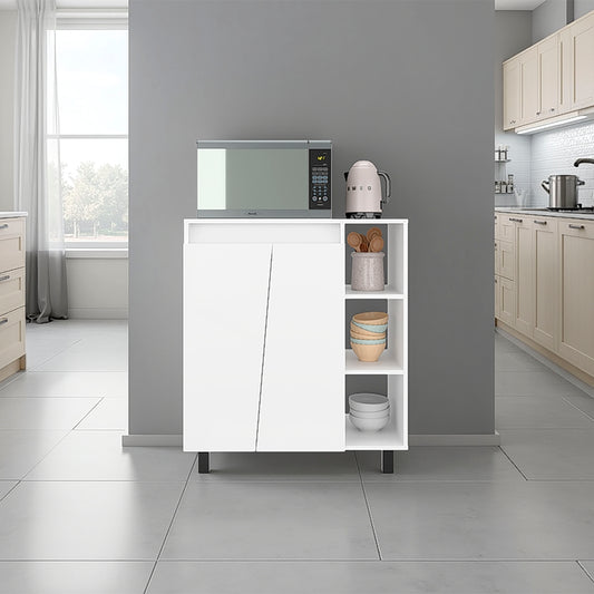 Cesna Microwave Sideboard Cabinet, Freestanding Compact Kitchen Pantry with 2-Door Cabinet Storage, 3 Side Open Shelves and, Appliance Surface, White