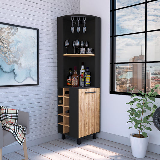 Kaia 70" Tall Corner Bar Cabinet With Four Shelves, Ten Wine Bottle Cubbies and Stemware in Black - Pine