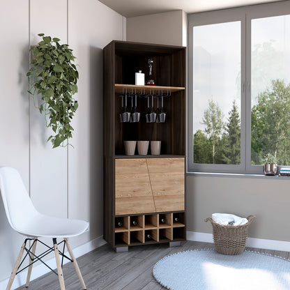 Fraktal Corner Bar Cabinet, Ten Built-in Wine Rack, Two Shelves, Double Door