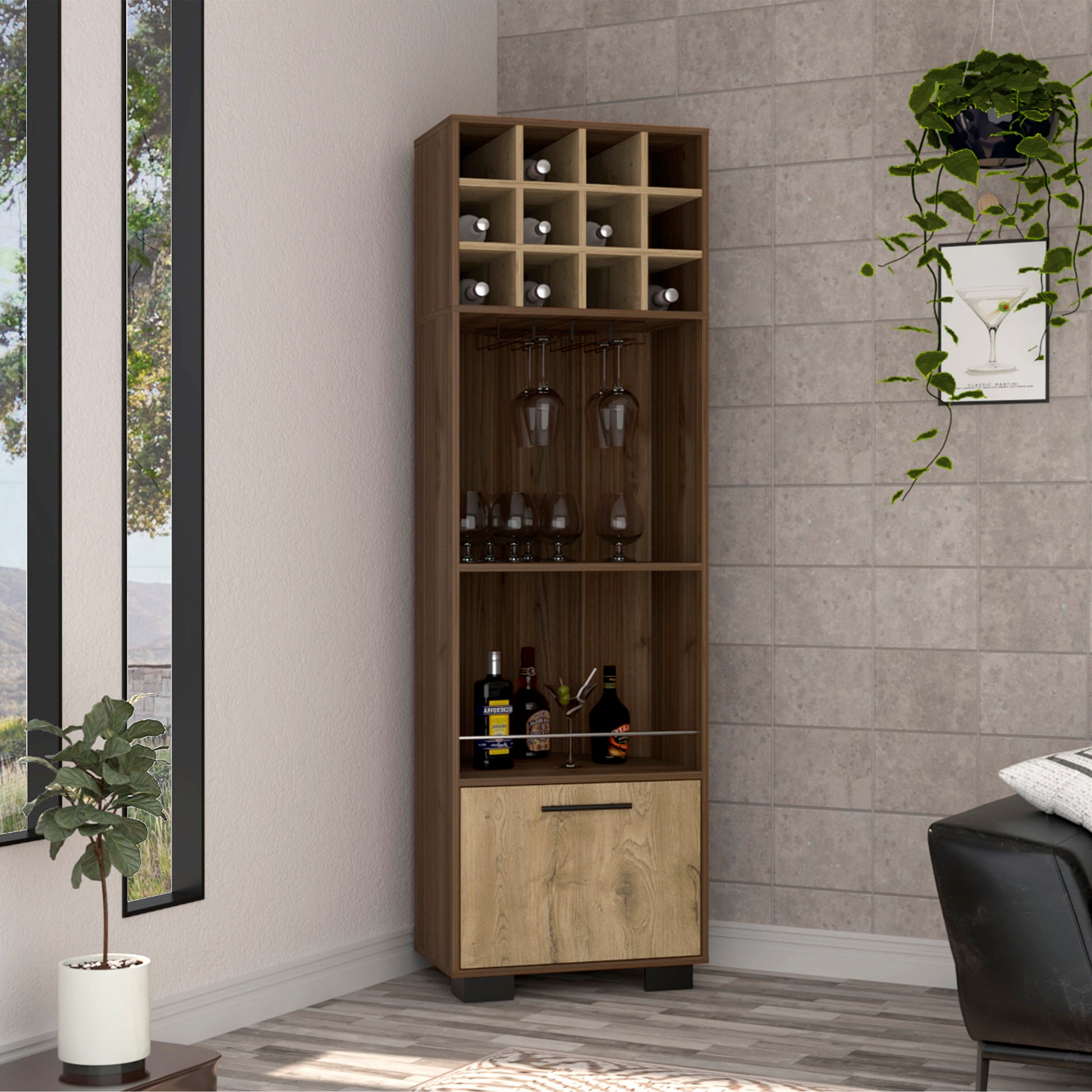 Marsella Corner Bar Cabinet, Eight Built-in Wine Rack, Two Side Shelves