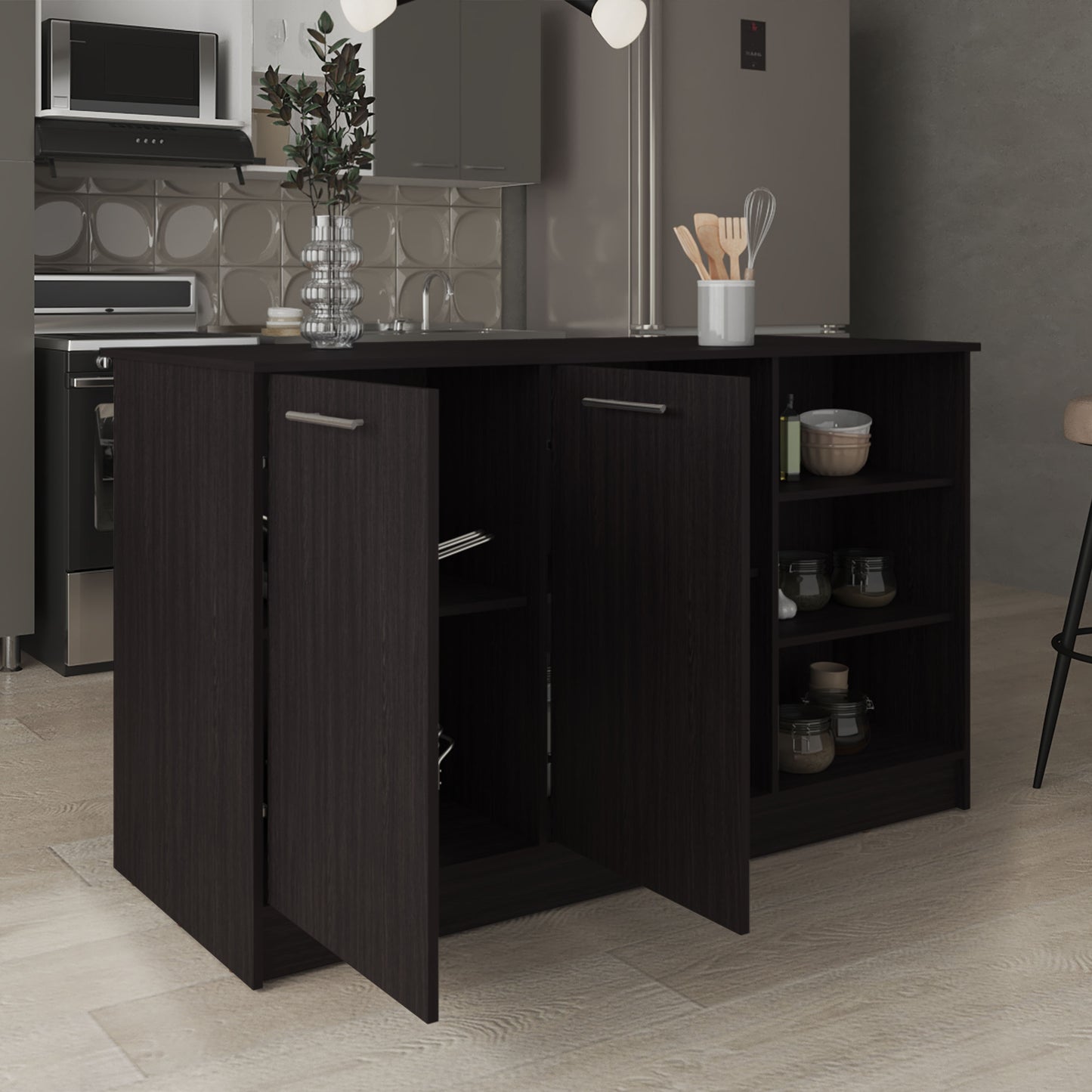 Modern Black MDF Kitchen Island with Storage and Shelving