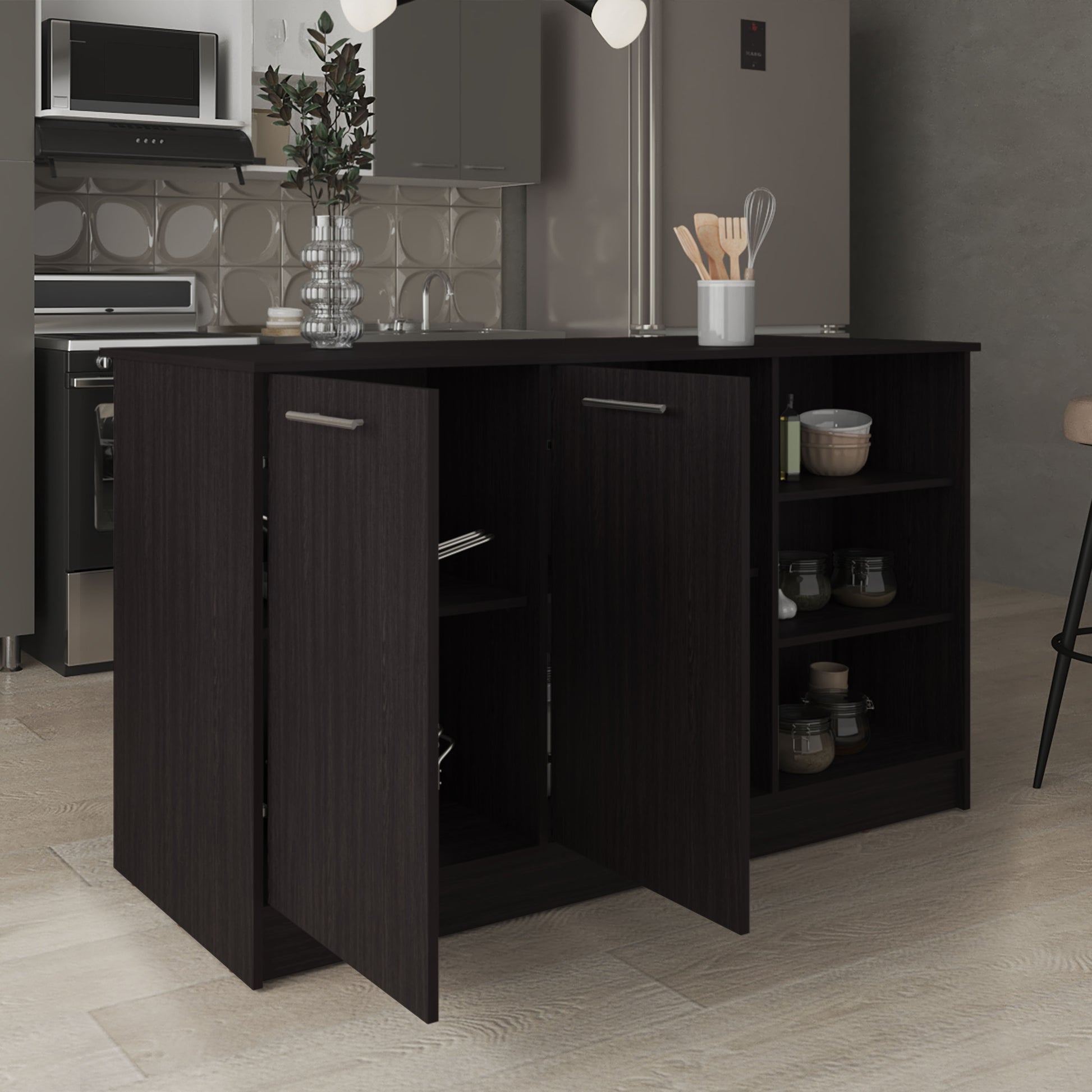 Modern Black MDF Kitchen Island with Storage and Shelving