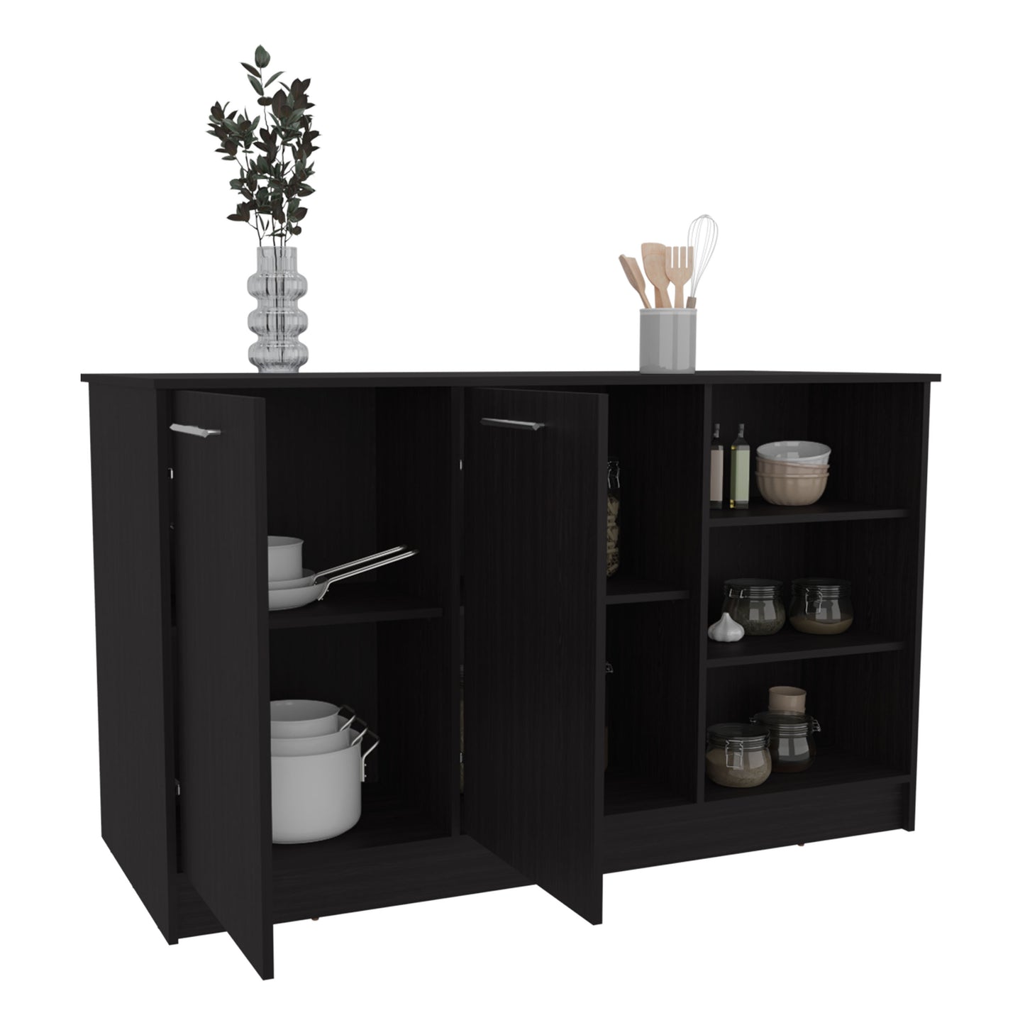 Modern Black MDF Kitchen Island with Storage and Shelving