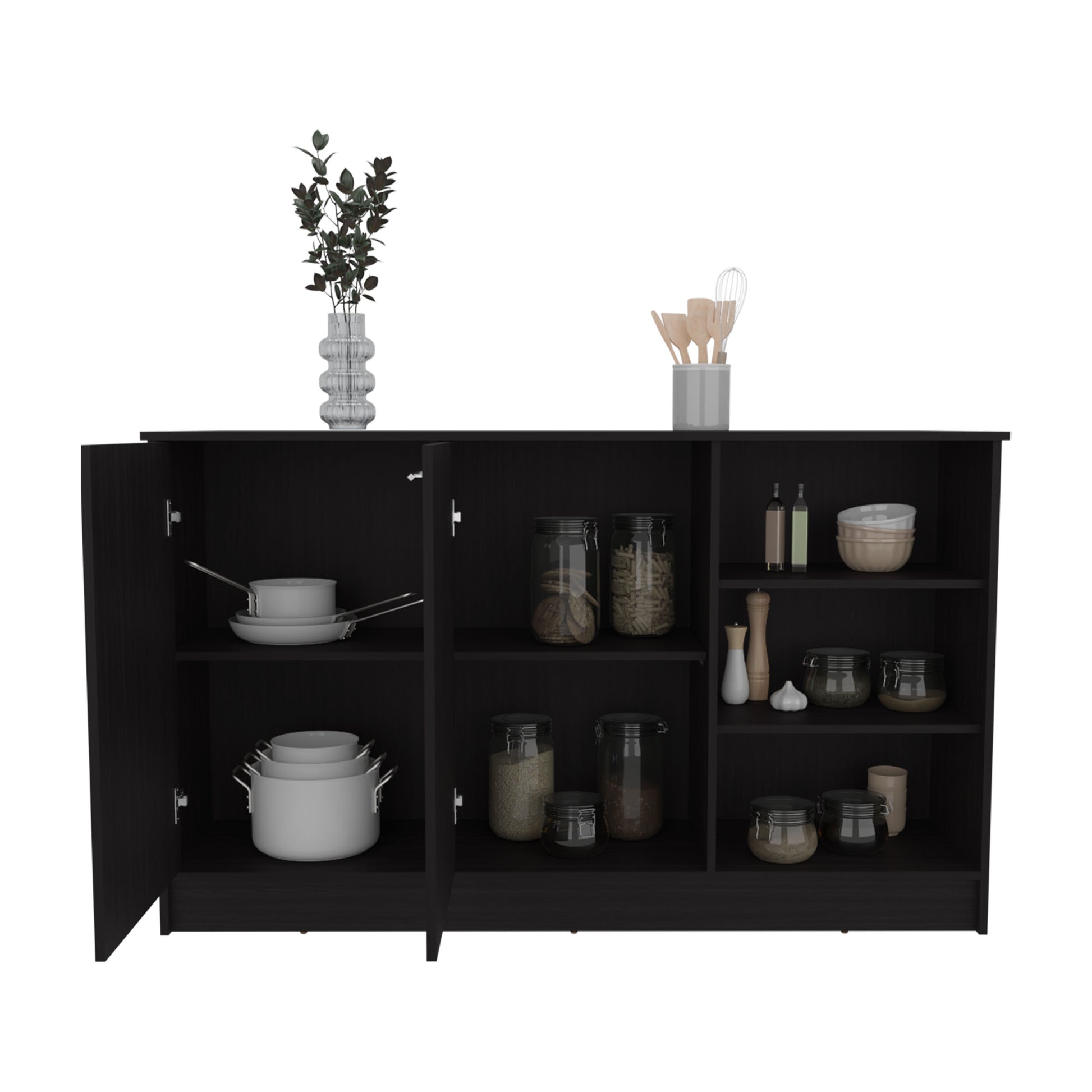 Modern Black MDF Kitchen Island with Storage and Shelving