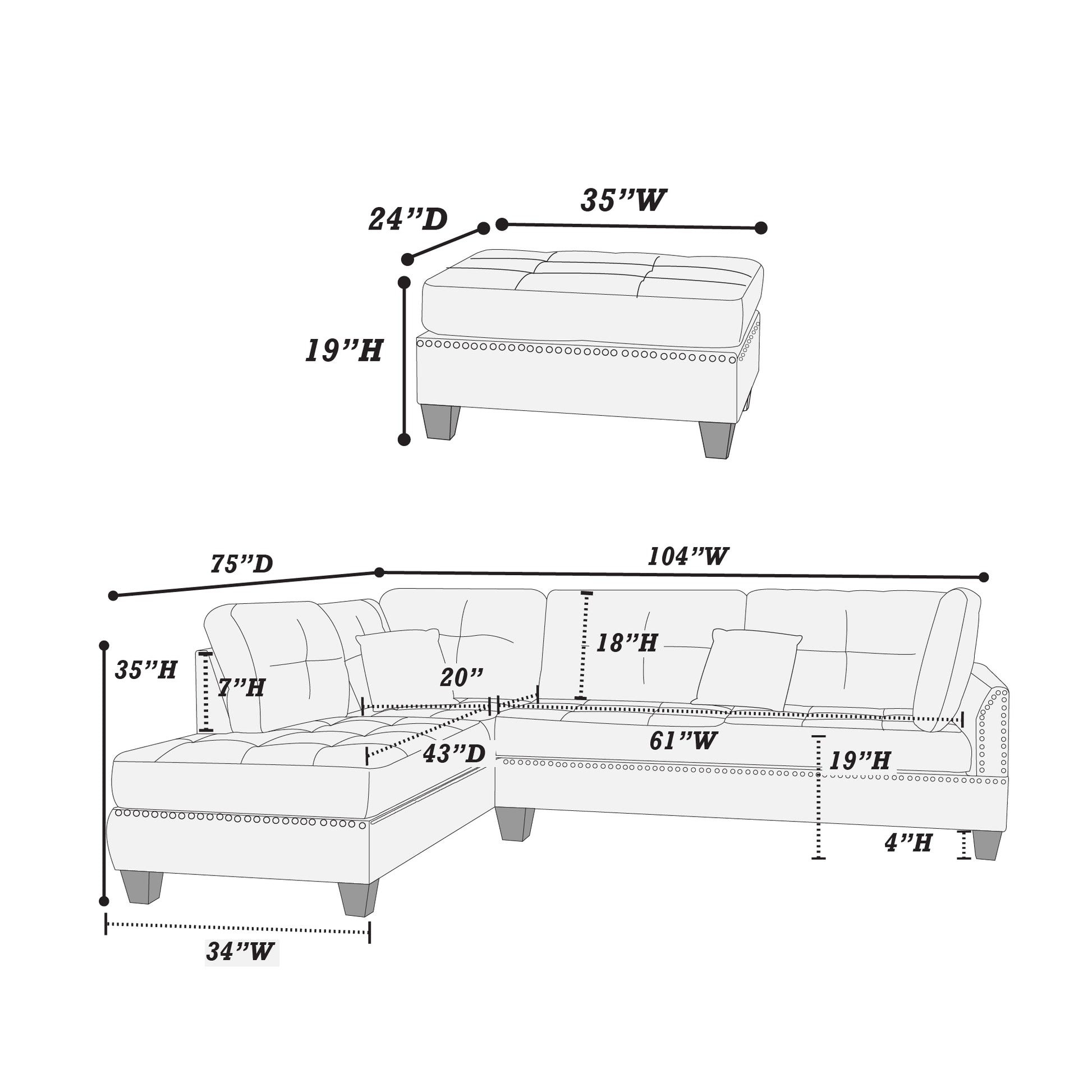Grey L-Shaped Sectional Sofa - 3 Piece