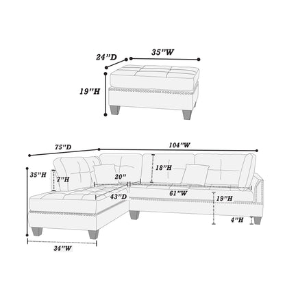 Grey L-Shaped Sectional Sofa - 3 Piece