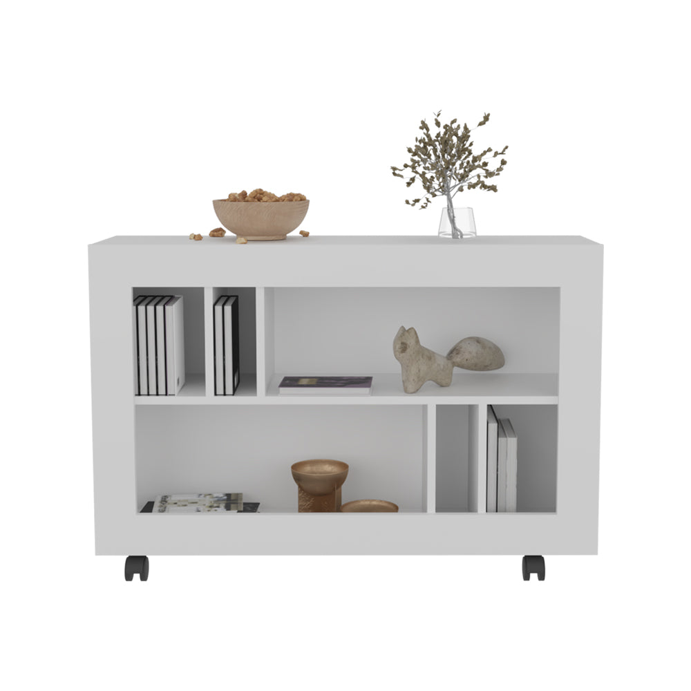 White Engineered Wood Table Cart with Shelves for Kitchen Storage