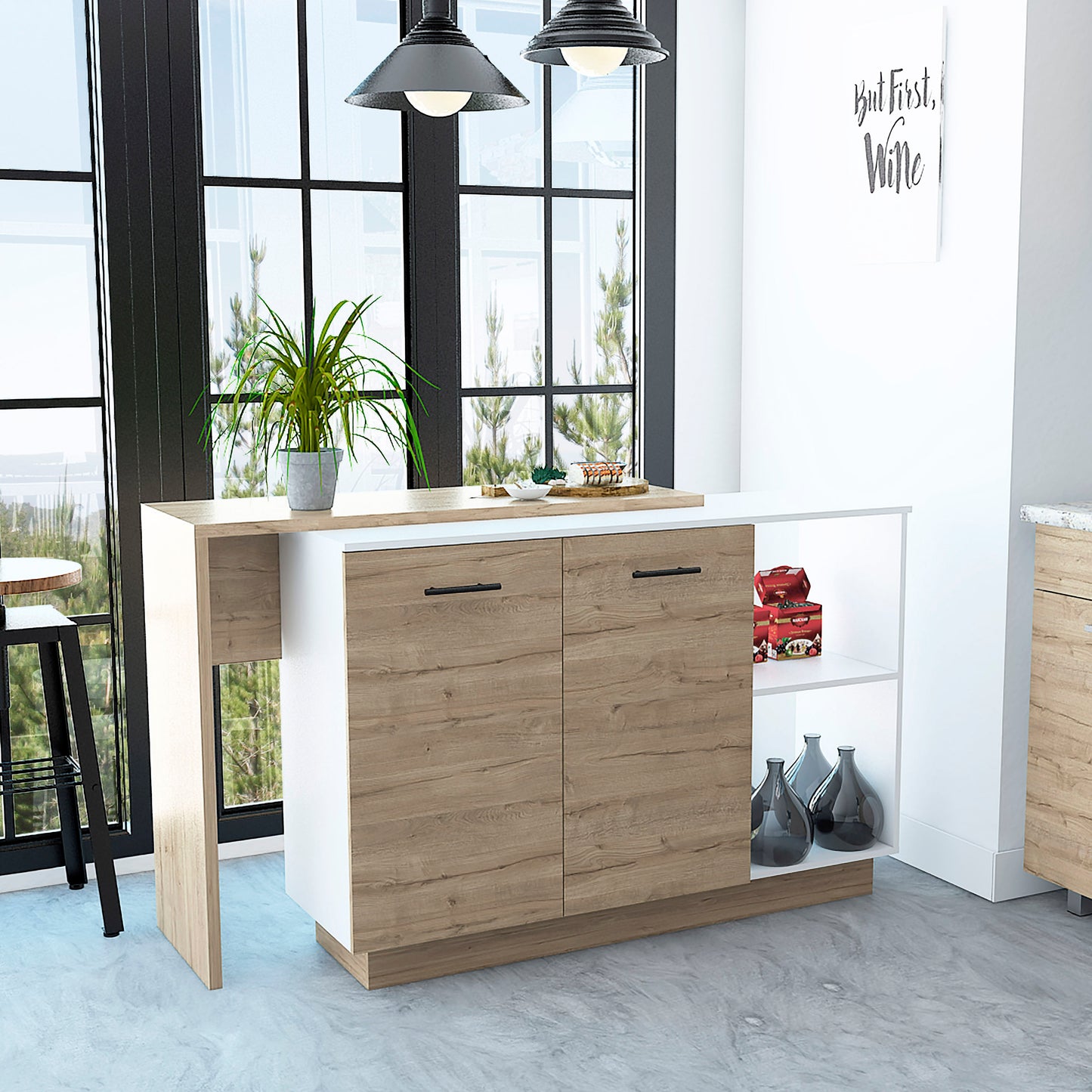 White Oak Kitchen Island Storage with Open Shelves for Dining Room