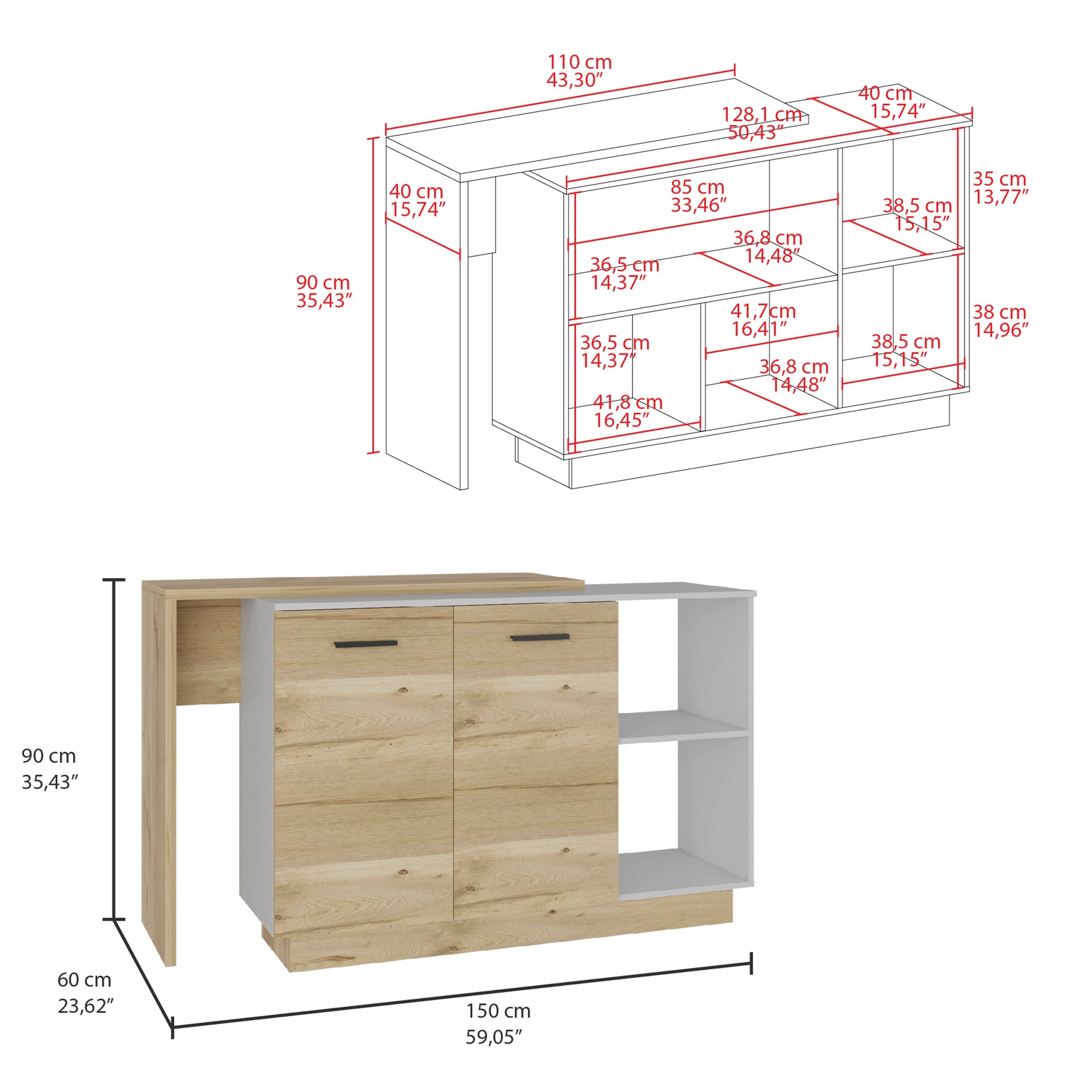 White Oak Kitchen Island Storage with Open Shelves for Dining Room