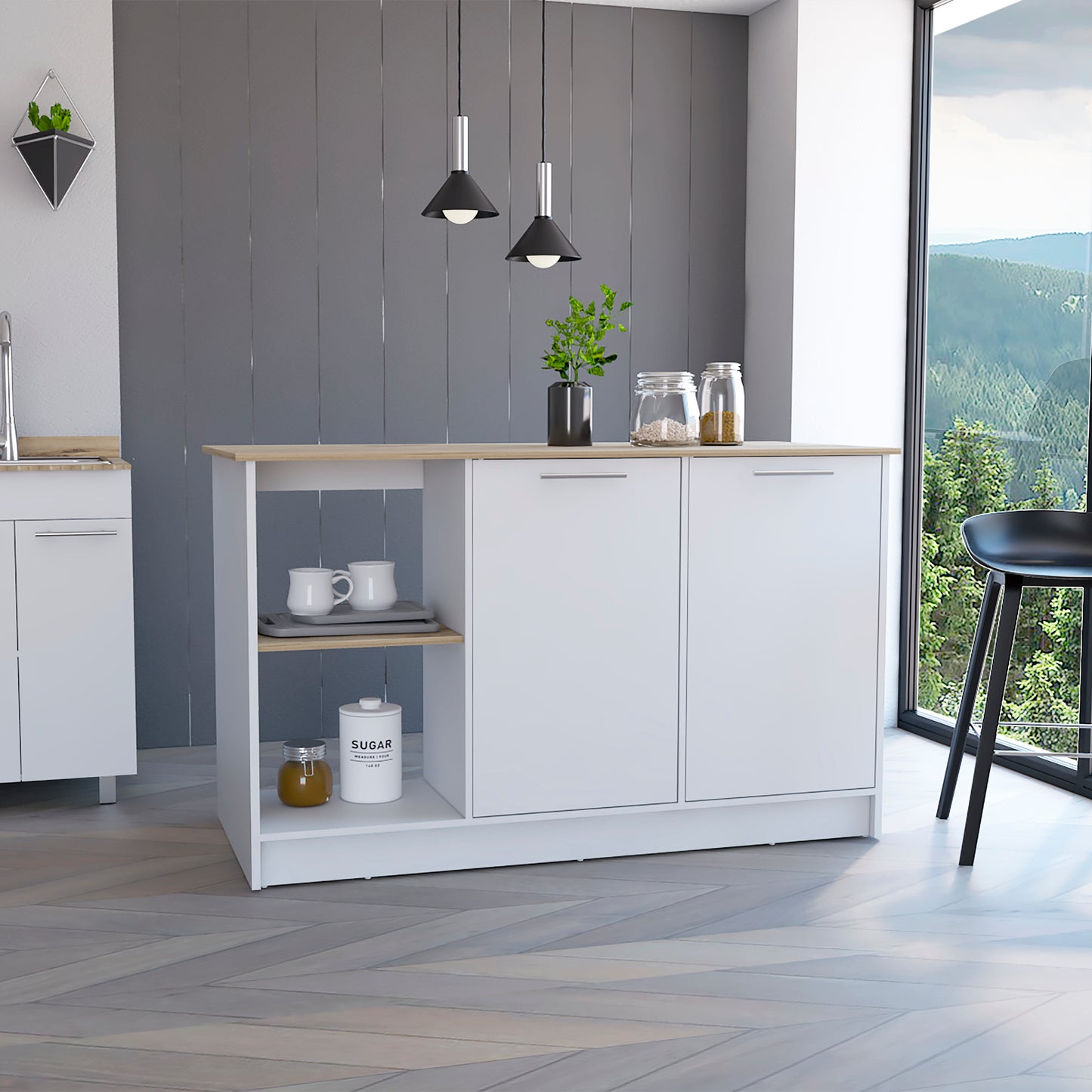 Light Oak Kitchen Island with Storage - 59" Countertop