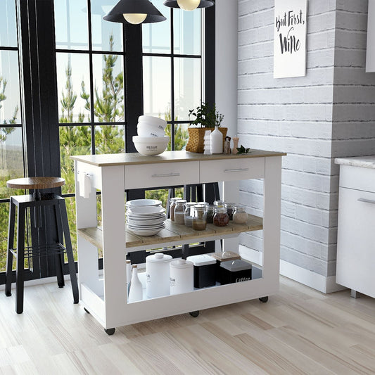 Kitchen Island 36" H, Six Casters, Two Drawers, Two Open Storage Shelves, Towel Hanger, White/Light Oak