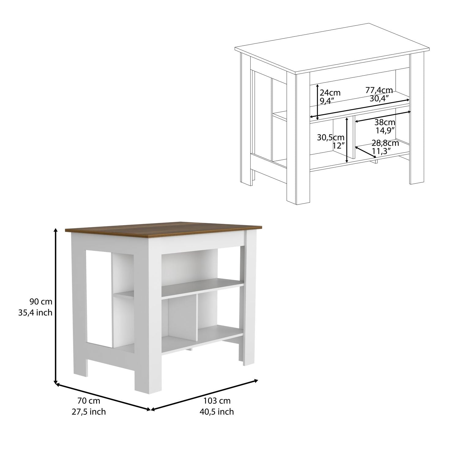 Multicolor Kitchen Island with 3 Shelves - 35" H