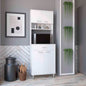 Pantry Cabinet 67" H, Four Doors, One Drawer, Three Internal Shelves, 2 External Storage Shelves, Microwave Storage Option, Four Legs, White