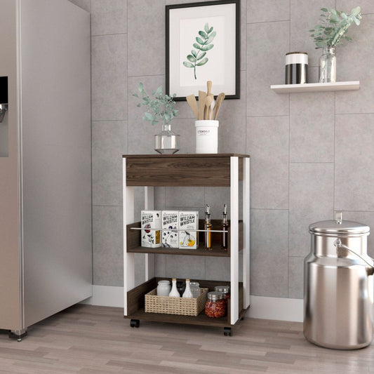 Modern Kitchen Cart 35" H, Four Casters, Three Shelves, White / Dark Walnut