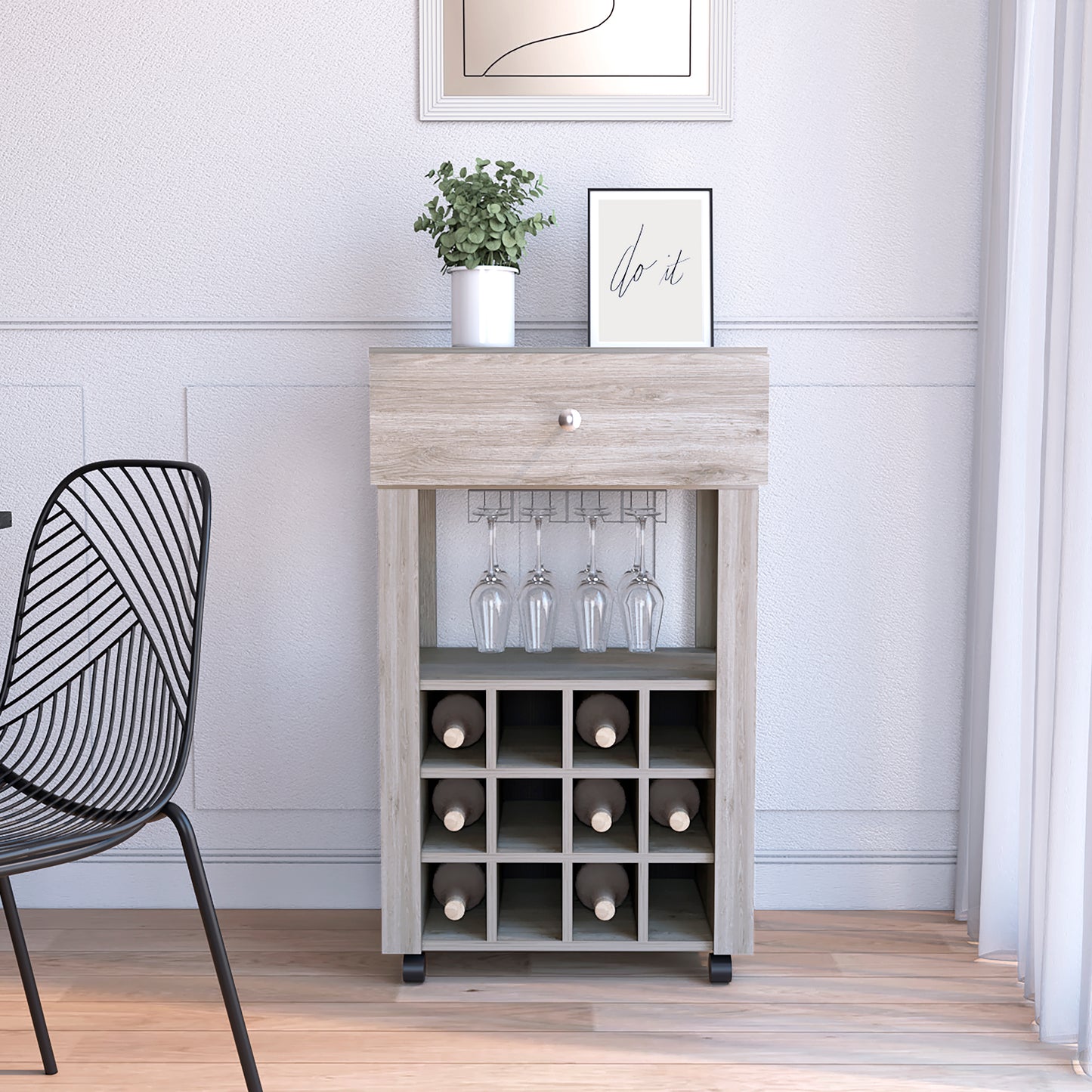 Gray Particle Board Wine Cellar Bar Cart with Casters