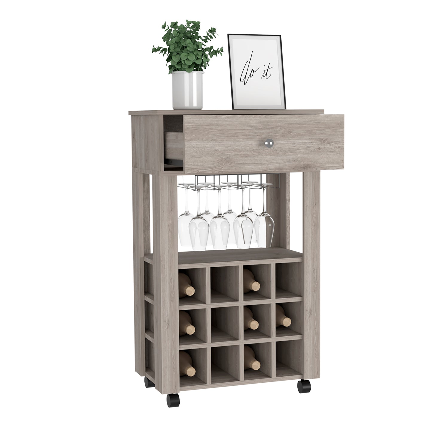 Gray Particle Board Wine Cellar Bar Cart with Casters