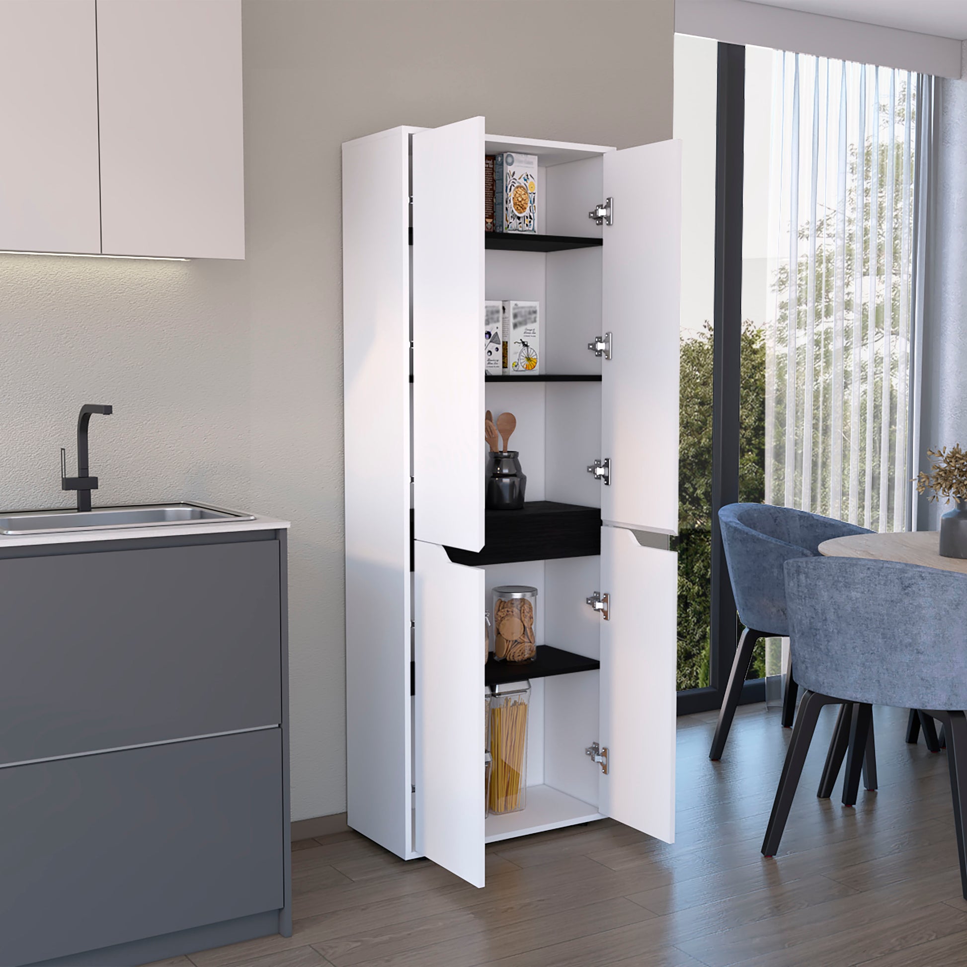 67" White+Black Kitchen Storage Cabinet - 5 Shelves for Dining Room