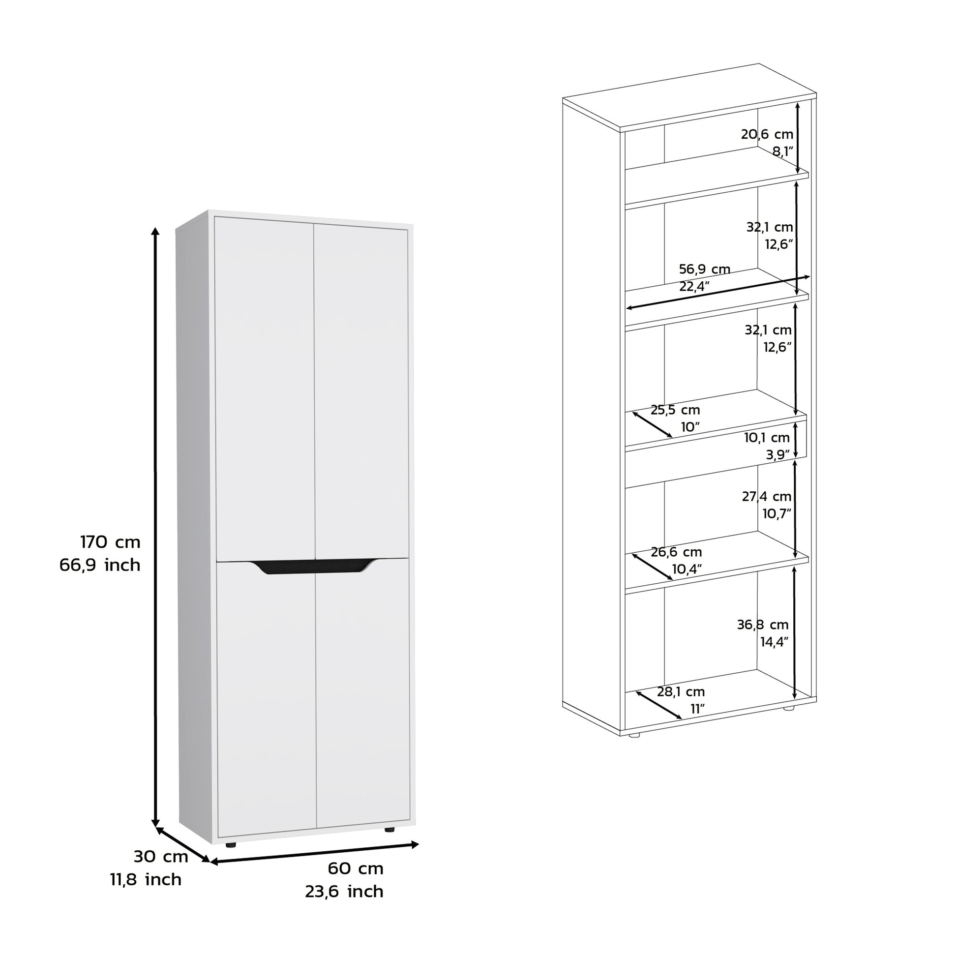 67" White+Black Kitchen Storage Cabinet - 5 Shelves for Dining Room