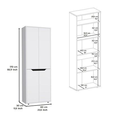 67" White+Black Kitchen Storage Cabinet - 5 Shelves for Dining Room