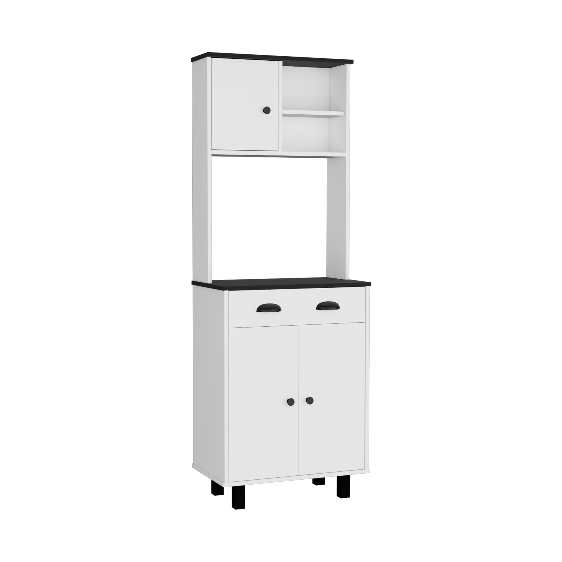 Compact Pine Kitchen Pantry with Black and White Storage for Dining Room