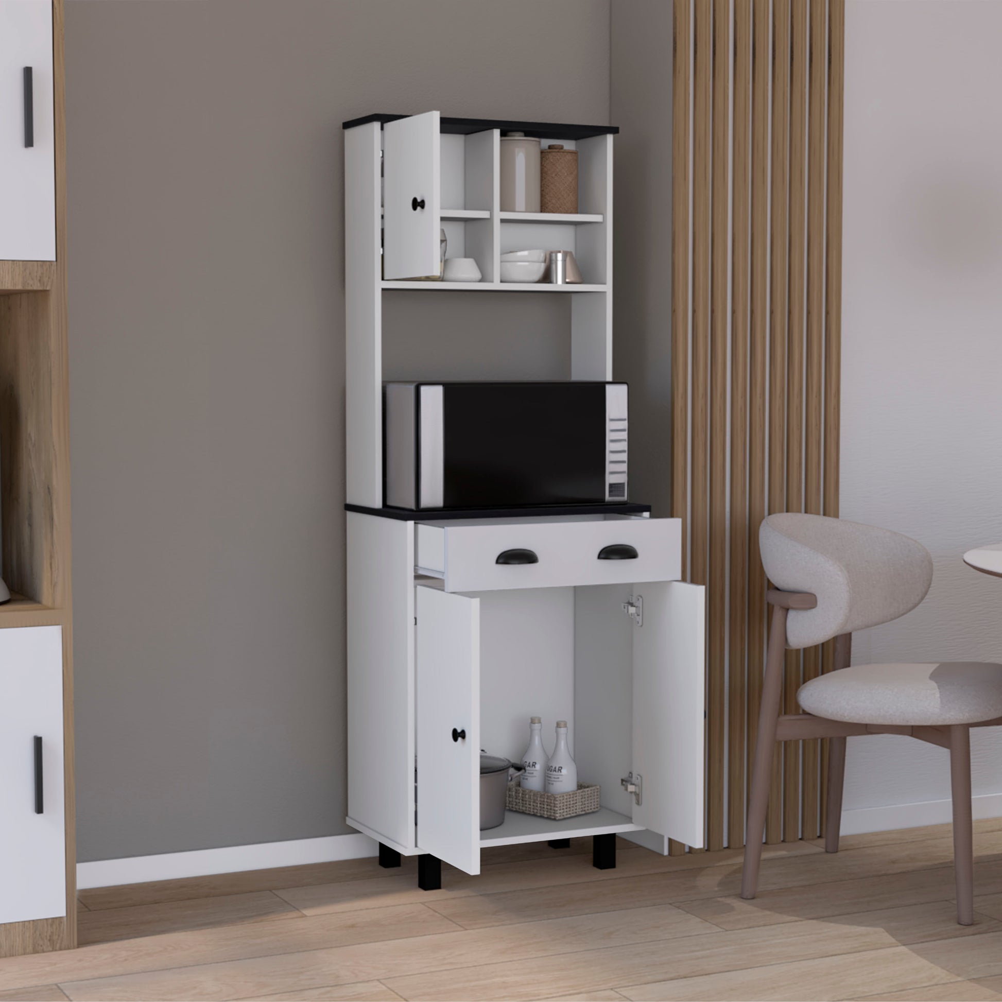 Compact Pine Kitchen Pantry with Black and White Storage for Dining Room