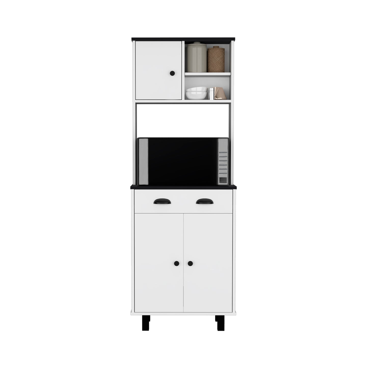 Compact Pine Kitchen Pantry with Black and White Storage for Dining Room