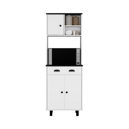 Compact Pine Kitchen Pantry with Black and White Storage for Dining Room
