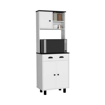 Compact Pine Kitchen Pantry with Black and White Storage for Dining Room