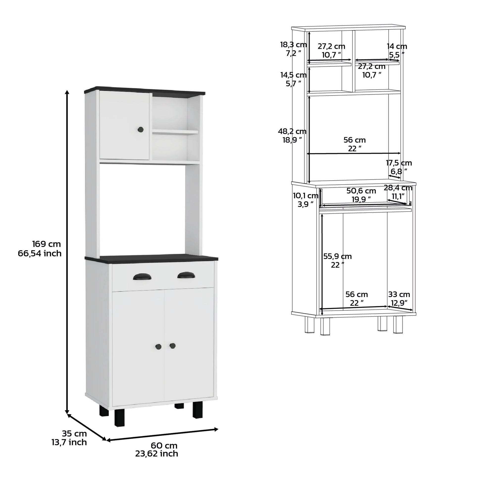 Compact Pine Kitchen Pantry with Black and White Storage for Dining Room