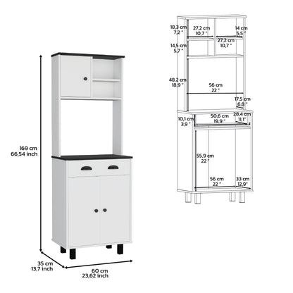 Compact Pine Kitchen Pantry with Black and White Storage for Dining Room
