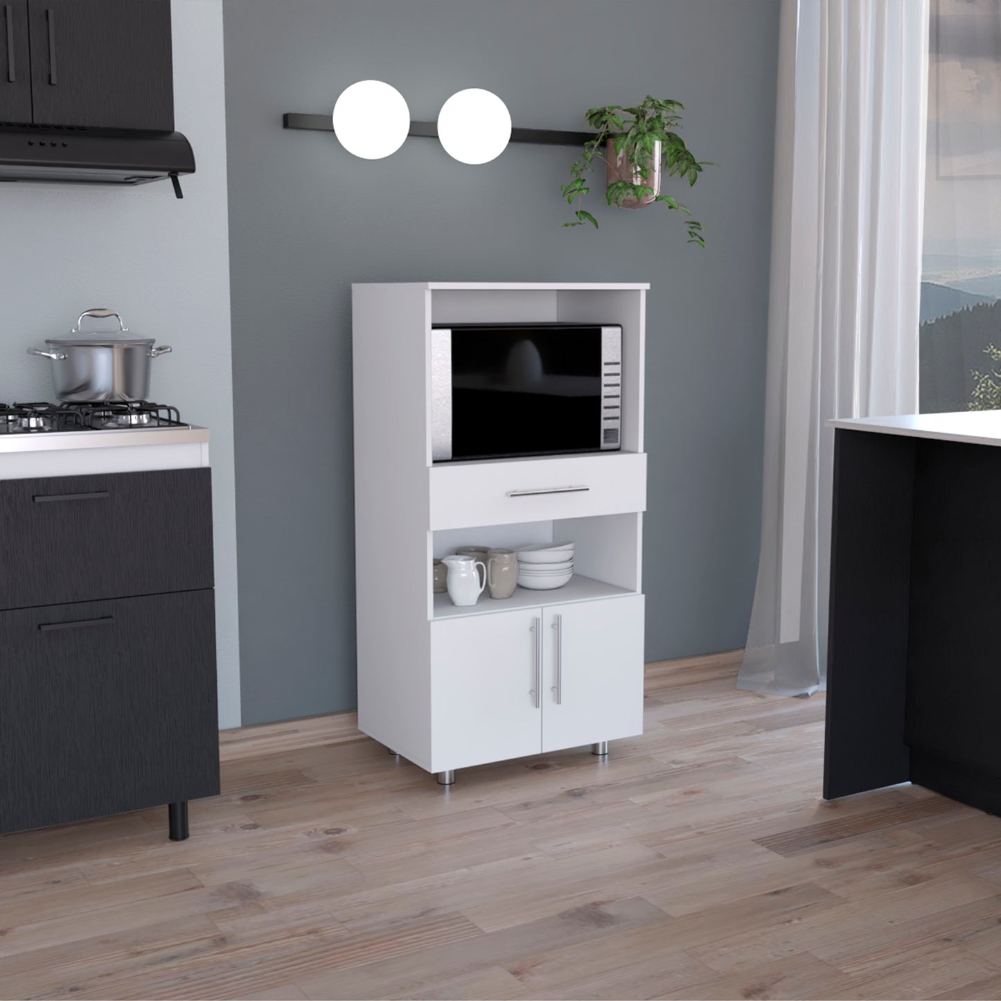 Kitchen Pantry 48" H, Two Open Storage Shelves, One for Microwave, Two Doors, Four Legs, White